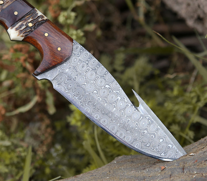 Damascus Knife - Sentinel Gut Hook Hunting Knife With Stag Horn & Exotic Rose Wood Mosaic Handle - Shokunin USA