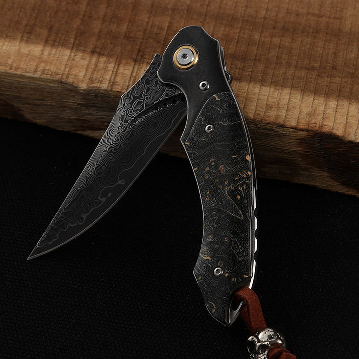 Venom Japanese Damascus Pocket Knife with Stained Maple Burl Wood Handle