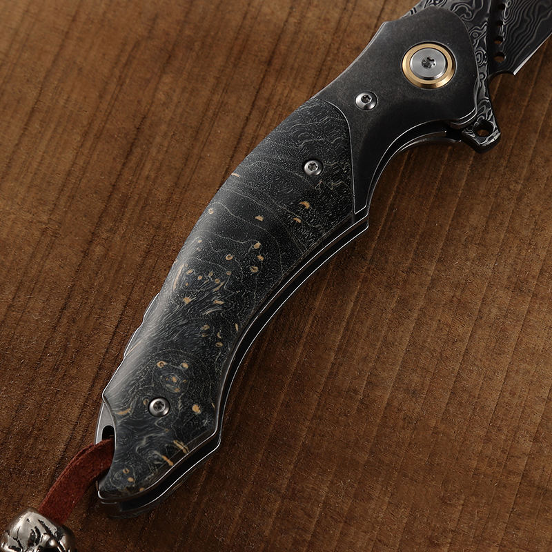 Venom Japanese Damascus Pocket Knife with Stained Maple Burl Wood Handle