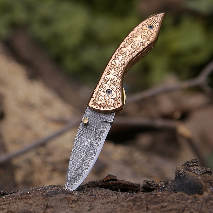 Copper Handle Knife - Pixel Copper Damascus Pocket Knife with Engraved Copper Handle - Shokunin USA