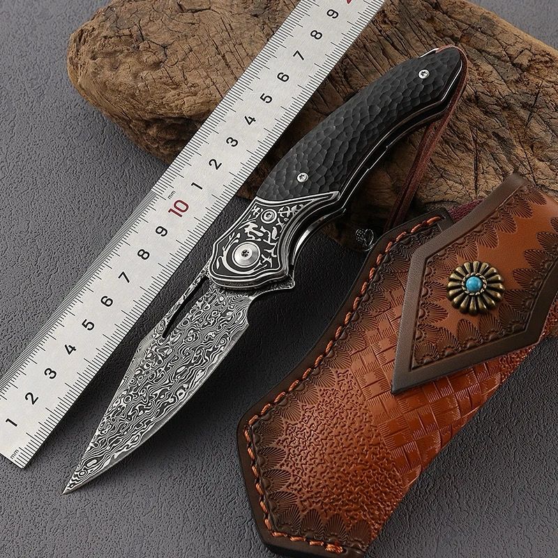 Damascus Knife - Thor Damascus Folding Knife with Exotic Ebony Wood Scales - Shokunin USA