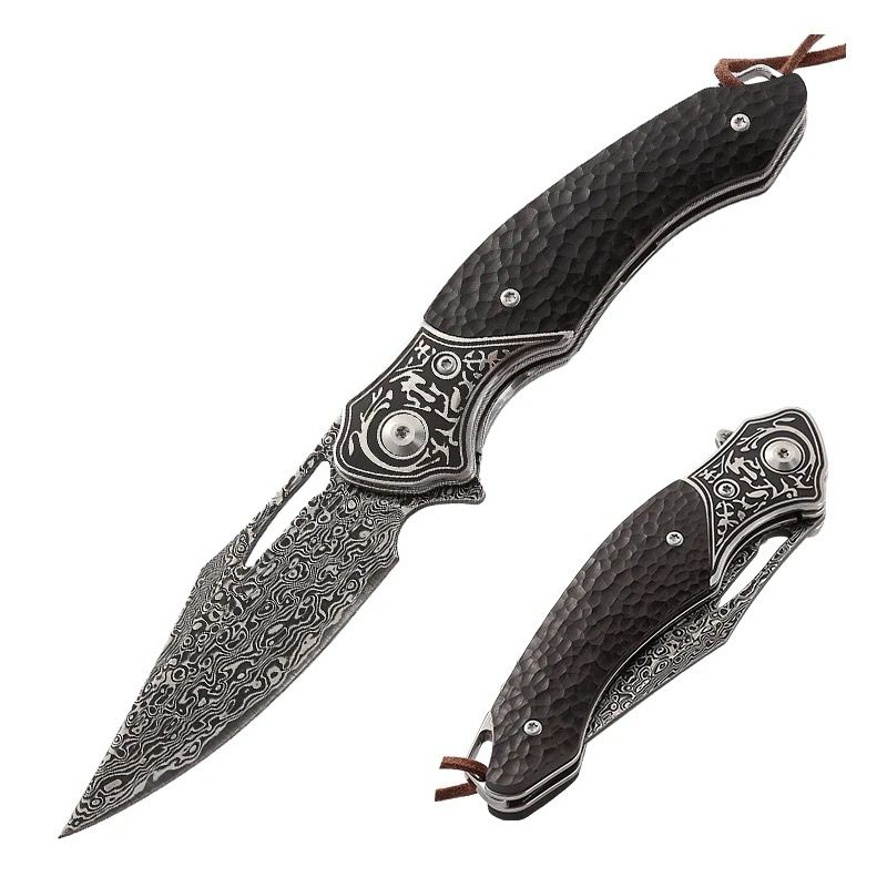 Damascus Knife - Thor Damascus Folding Knife with Exotic Ebony Wood Scales - Shokunin USA