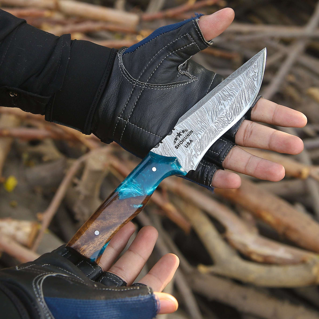 Damascus Knife - Zephyr Hunting Knife with Exotic Rose Wood & Resin Handle - Shokunin USA