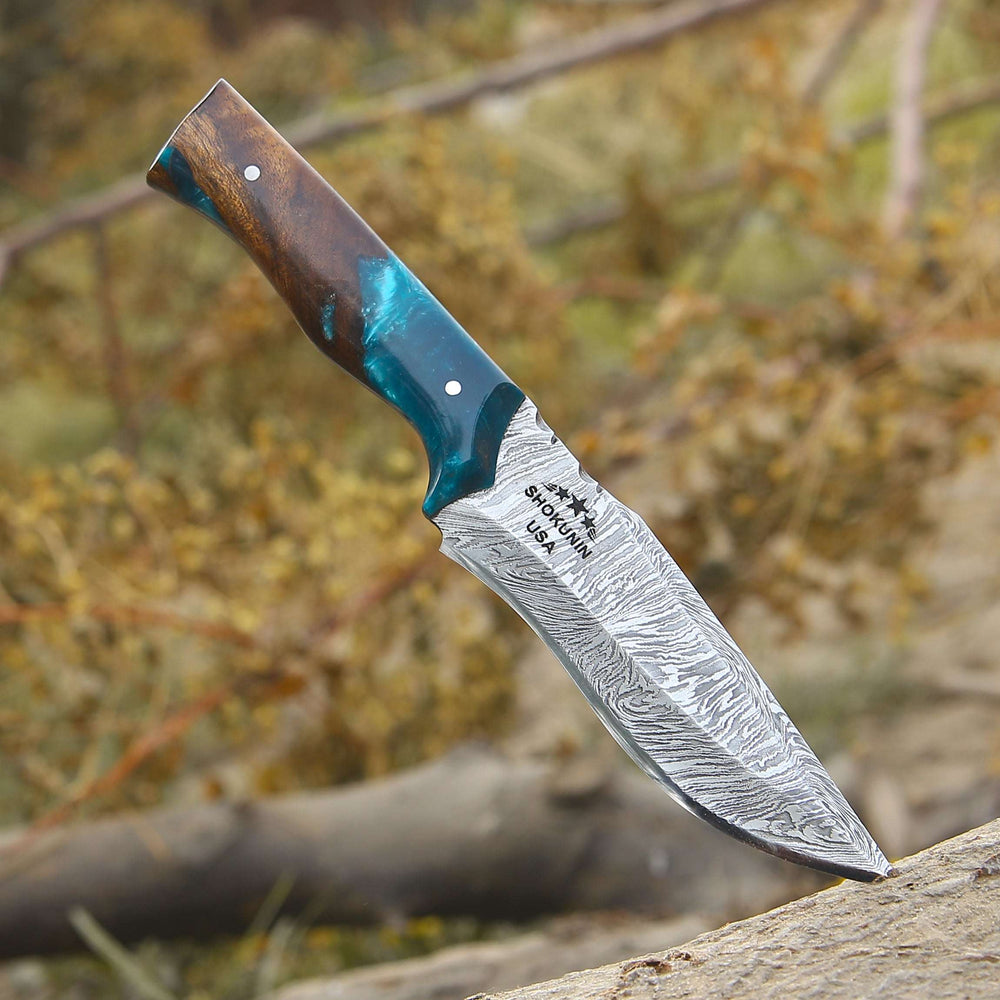 Damascus Knife - Zephyr Damascus Hunting Knife with Exotic Rose Wood & Resin Handle - Shokunin USA