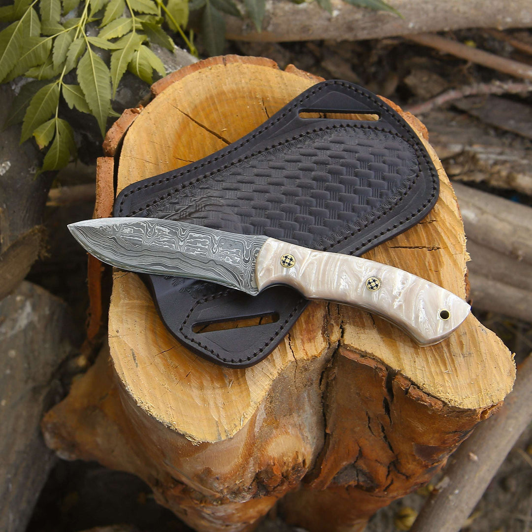 Damascus Knife - Breeze Hunting Knife with Mother of Pearl Resin Handle - Shokunin USA