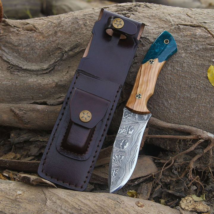 Damascus Knife - Breeze Hunting Knife with Exotic Olive Wood &amp; Resin Handle - Shokunin USA