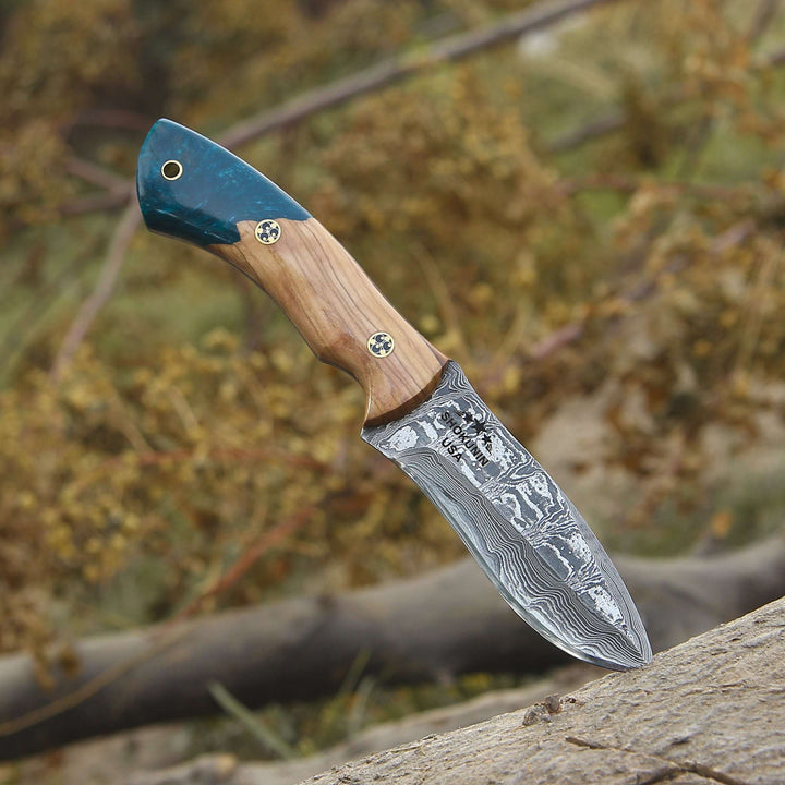 Damascus Knife - Breeze Hunting Knife with Exotic Olive Wood &amp; Resin Handle - Shokunin USA