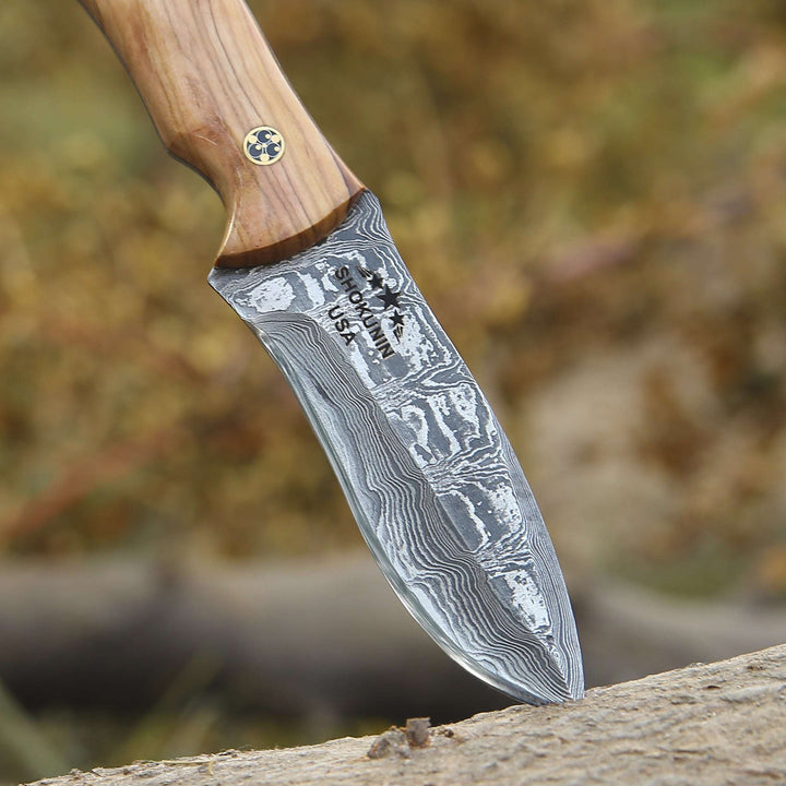 Damascus hunting knives for sale - Breeze Hunting Knife with Exotic Olive Wood &amp; Resin Handle - Shokunin USA
