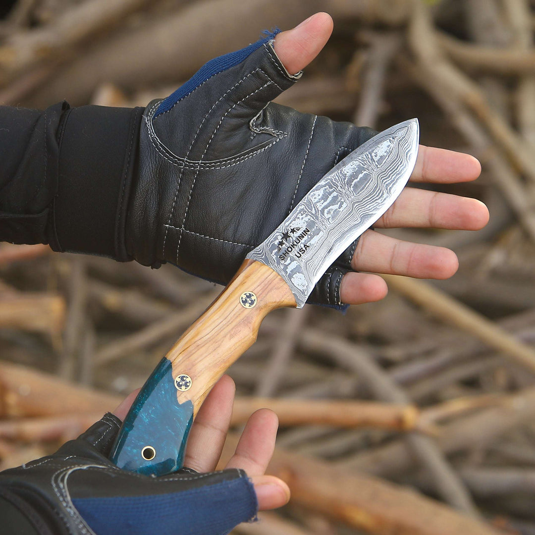 Damascus Knife - Breeze Hunting Knife with Exotic Olive Wood &amp; Resin Handle - Shokunin USA