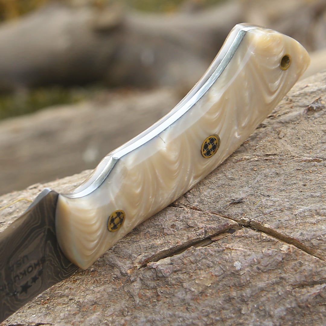Damascus Knife - Breeze Hunting Knife with Mother of Pearl Resin Handle - Shokunin USA