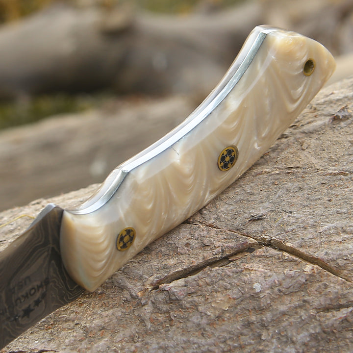 Damascus Knife - Breeze Hunting Knife with Mother of Pearl Resin Handle - Shokunin USA