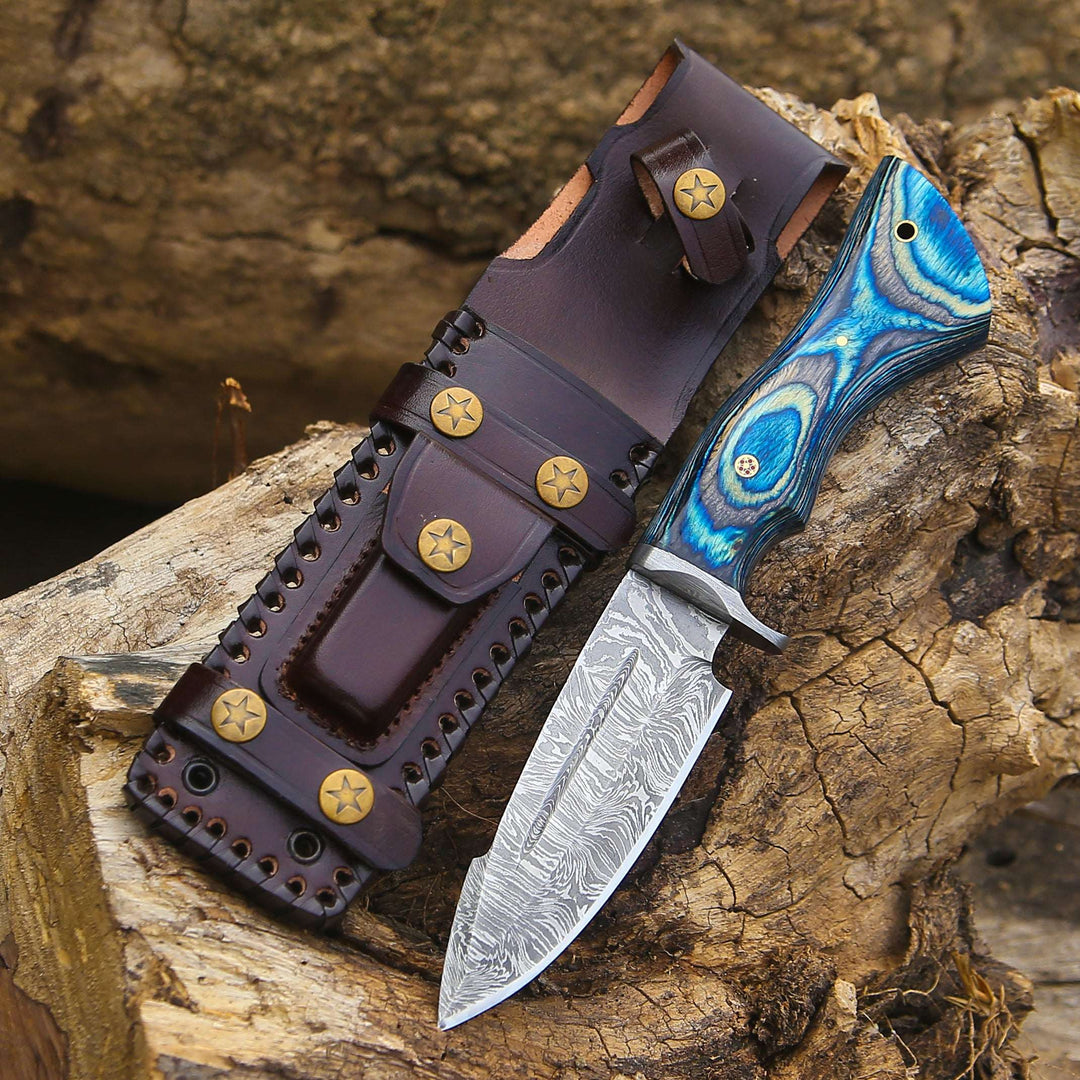 Hellcat Knife - Hellcat Handmade Damascus Hunting Knife with Hardwood Handle & Leather Sheath - Shokunin USA