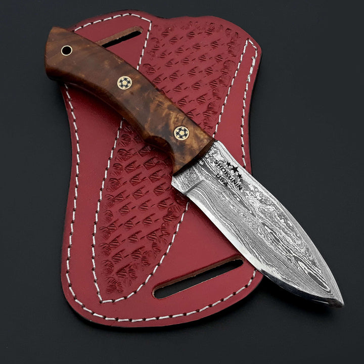 Damascus Knife - Sky piercer Hunting Knife 1095 Damascus Steel with Rosewood Handle &amp; Leather Sheath - Shokunin USA