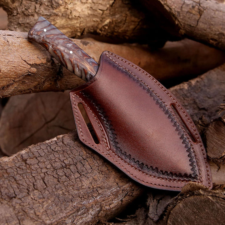 Damascus Knife - Golden Reaper Damascus Steel Fixed Blade Hunting Knife with Pine Cone handle &amp; Leather Sheath - Shokunin USA