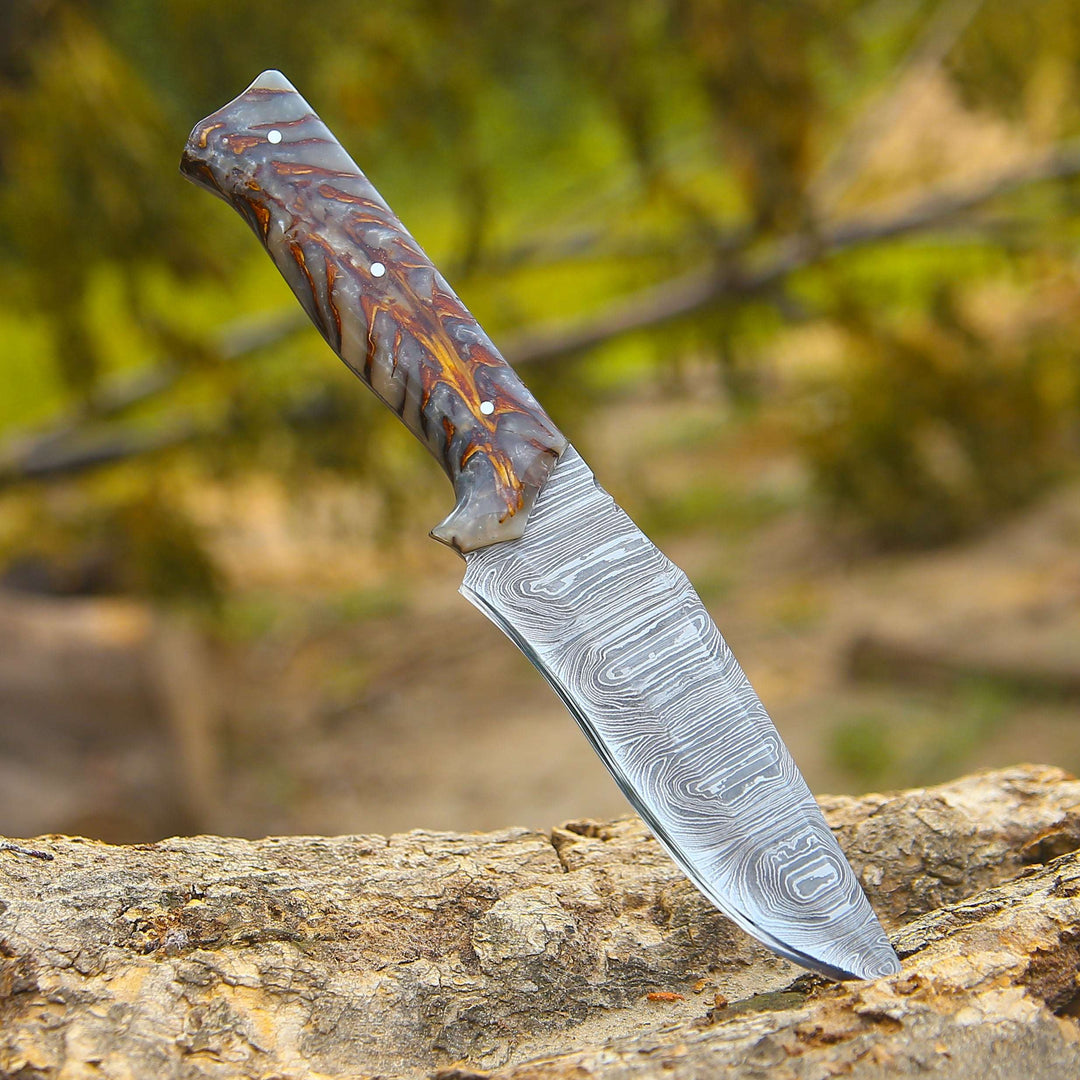 Damascus Knife - Golden Reaper Damascus Steel Fixed Blade Hunting Knife with Pine Cone handle &amp; Leather Sheath - Shokunin USA
