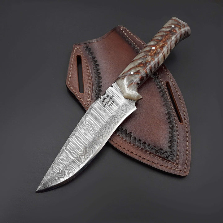 Damascus Knife - Golden Reaper Damascus Steel Fixed Blade Hunting Knife with Pine Cone handle &amp; Leather Sheath - Shokunin USA