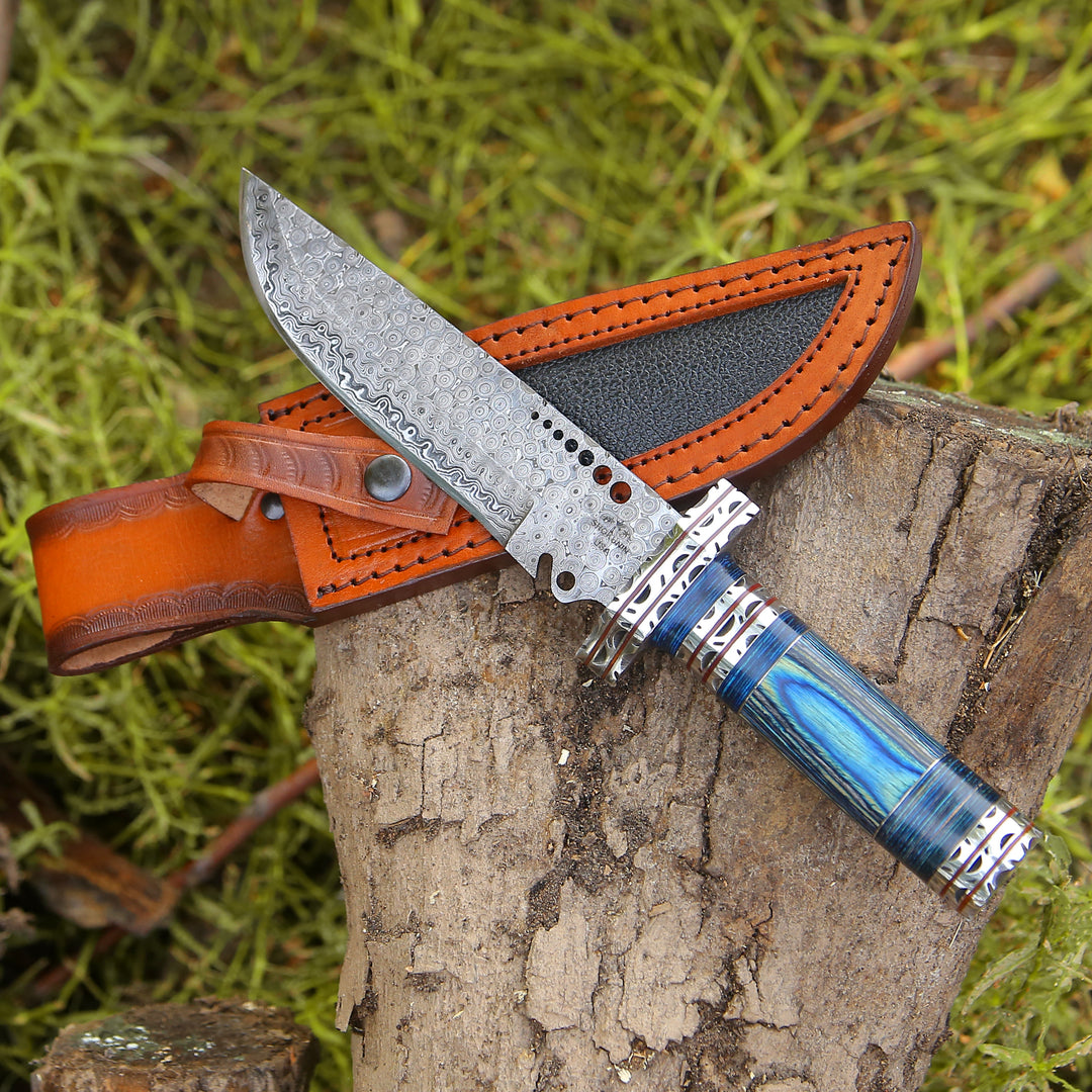 Hunting Knife - Ironclad Damascus Steel Bowie Hunting Knife with Pakkawood Handle & Sheath - Shokunin USA