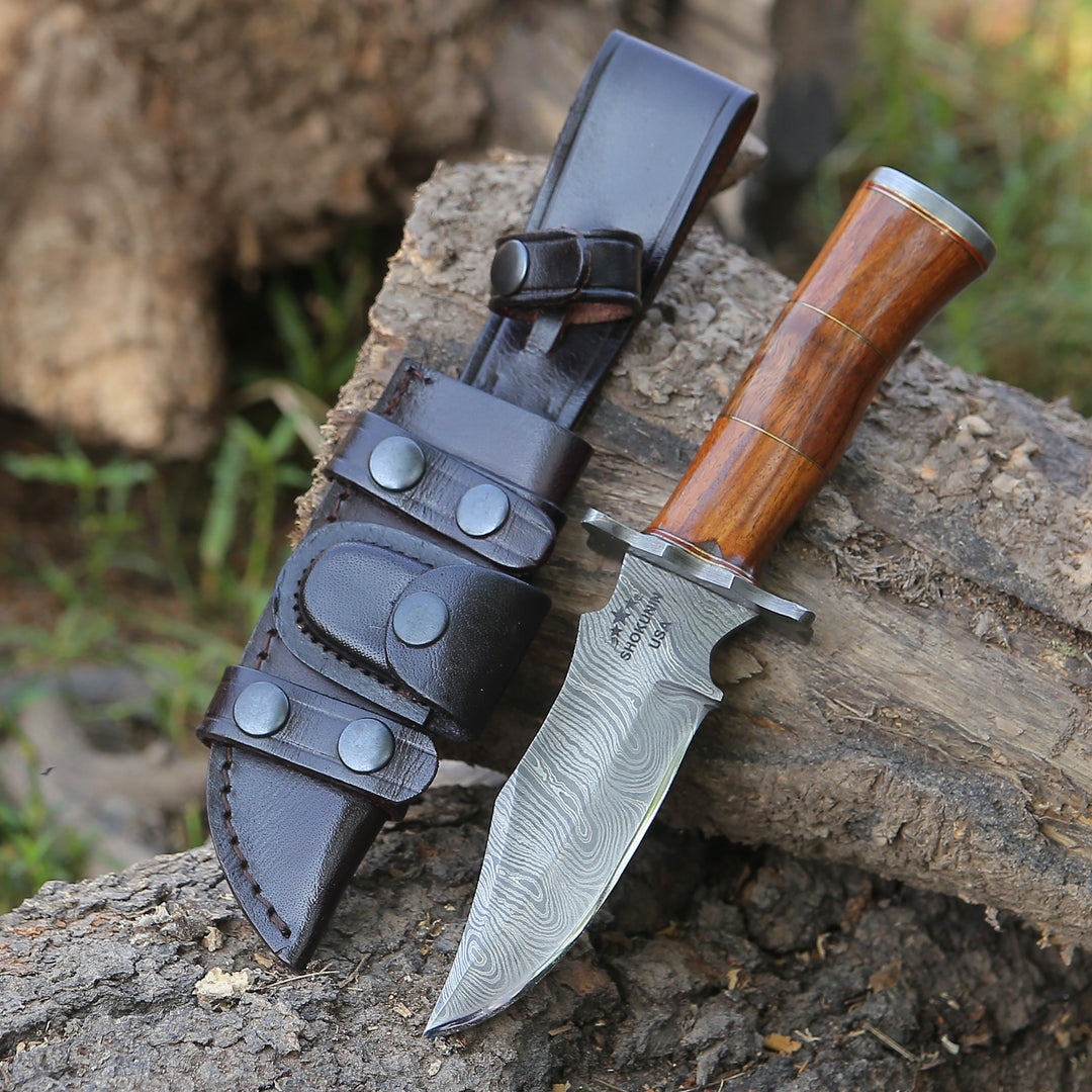 Damascus Knife - Hornet Custom Damascus Hunting Knife with Exotic Rose Wood Handle & Sheath - Shokunin USA