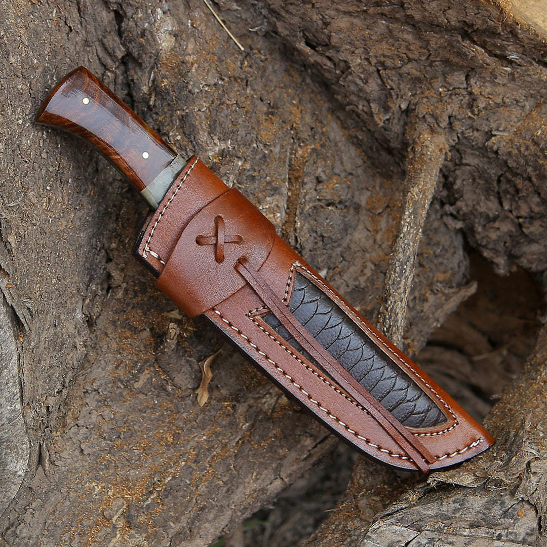 Utility Knife - Stinger Custom Handmade Hunting Knife, With Ram Horn & Rose Wood Handle - Shokunin USA