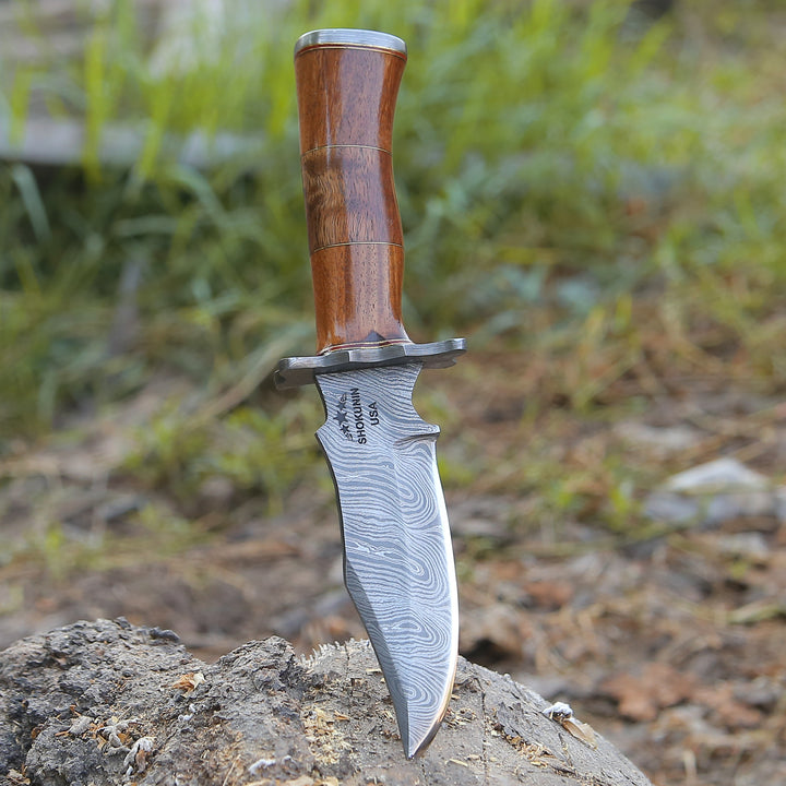 Damascus Knife - Hornet Custom Damascus Hunting Knife with Exotic Rose Wood Handle & Sheath - Shokunin USA