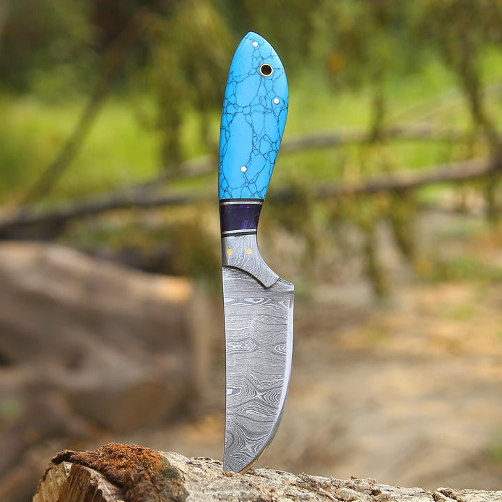 Knife with a blue handle on a wooden log in a natural setting