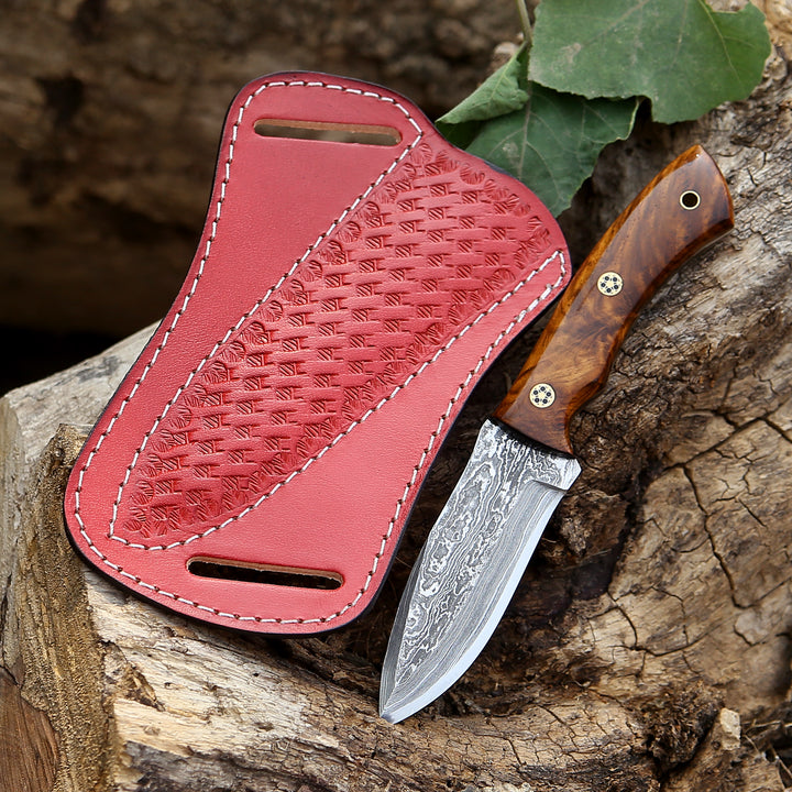 Damascus Knife - Sky piercer Hunting Knife 1095 Damascus Steel with Rosewood Handle &amp; Leather Sheath - Shokunin USA