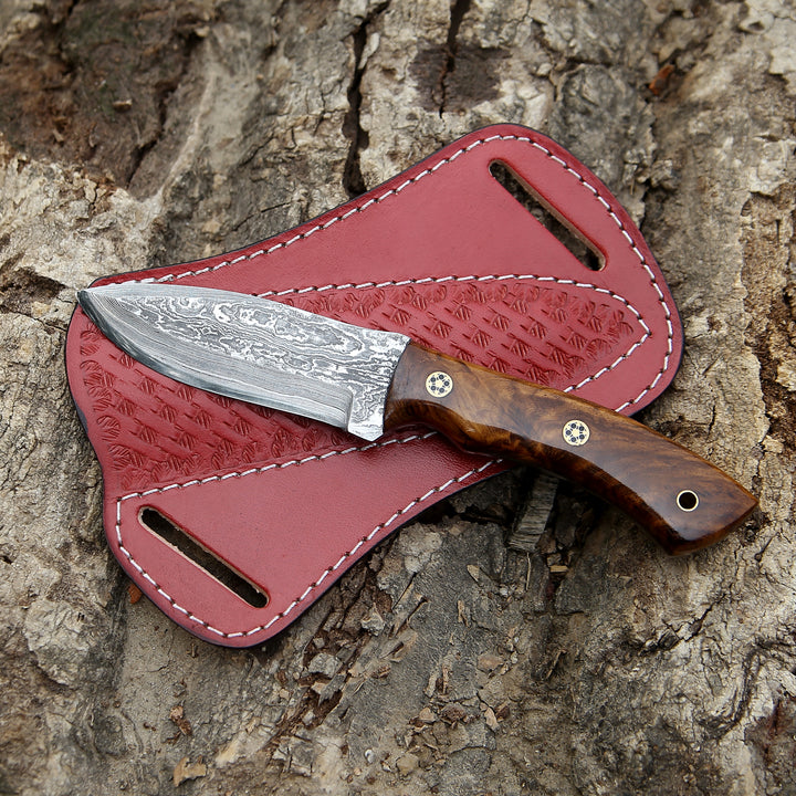 Damascus Knife - Sky piercer Hunting Knife 1095 Damascus Steel with Rosewood Handle &amp; Leather Sheath - Shokunin USA