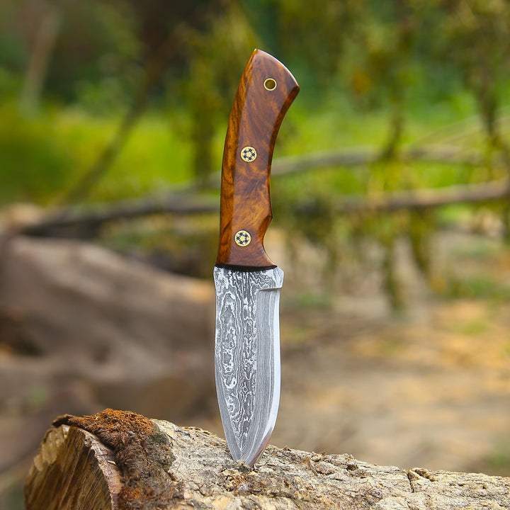 Damascus Knife - Sky piercer Hunting Knife 1095 Damascus Steel with Rosewood Handle &amp; Leather Sheath - Shokunin USA