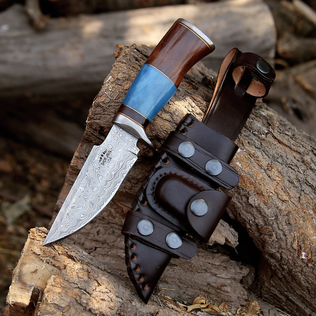 Copper Hunting Knife - Hellfire Damascus Hunting Knife with Leather Sheath - Shokunin USA
