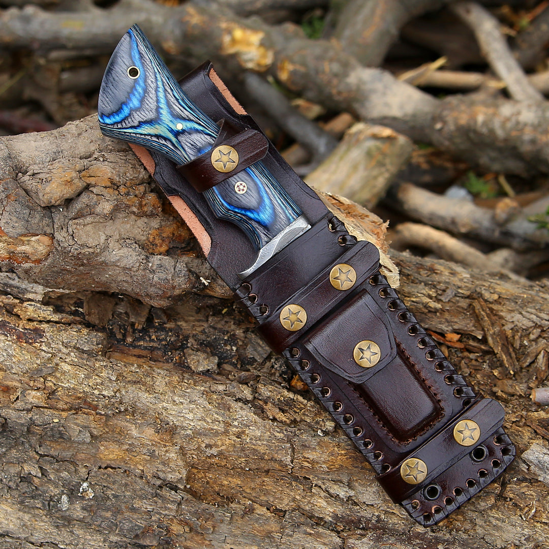 Damascus Knife - Hellcat Handmade Damascus Hunting Knife with Hardwood Handle &amp; Leather Sheath - Shokunin USA