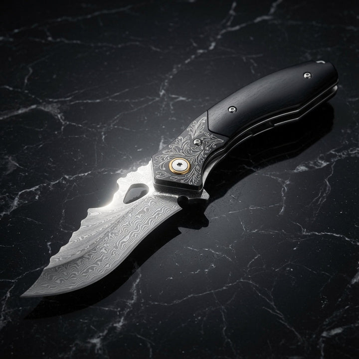 Damascus Knife - Specter Handmade Japanese VG10 Damascus Pocket Knife with Sheath & Ebony Wood Handle - Shokunin USA