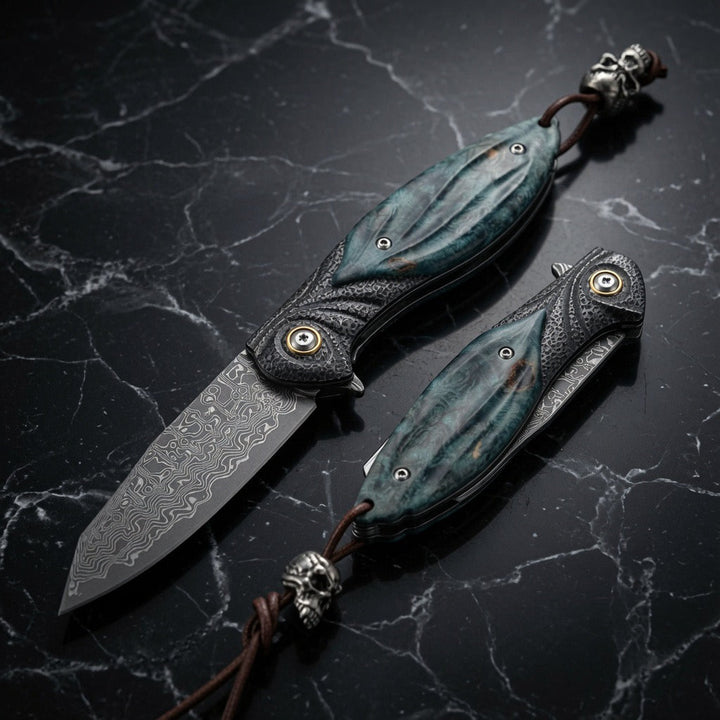 Compact Folding Knives - Viper Japanese Damascus Pocket Knife with Stained Maple Burl Handle - Shokunin USA