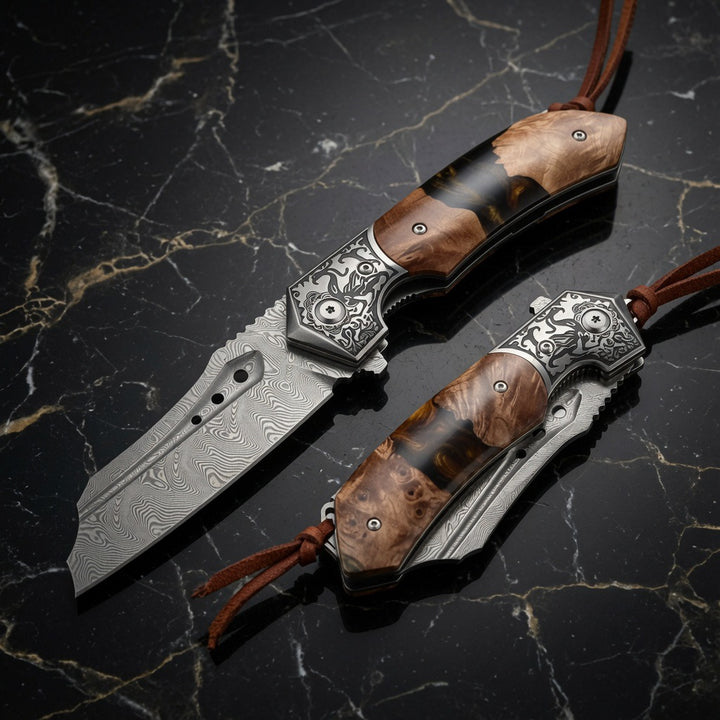Gentleman's folder with case - Volver Damascus Pocket Knife with Exotic Olive Burl Wood & Resin Handle - Shokunin USA