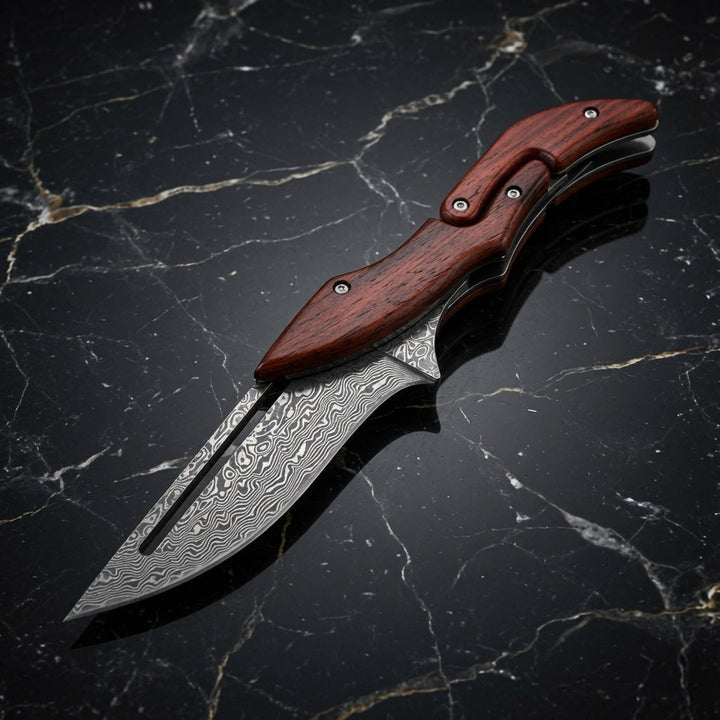 Multitools As Gifts - Hera Japanese VG10 Slider Damascus Pocket Knife with Exotic Red Sandal Wood Handle - Shokunin USA