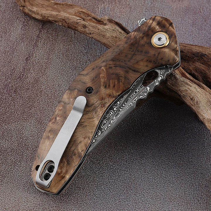 Damascus Knife - Tomahawk Damascus Pocket Knife with Clip and Exotic Olive Wood Burl Handle - Shokunin USA