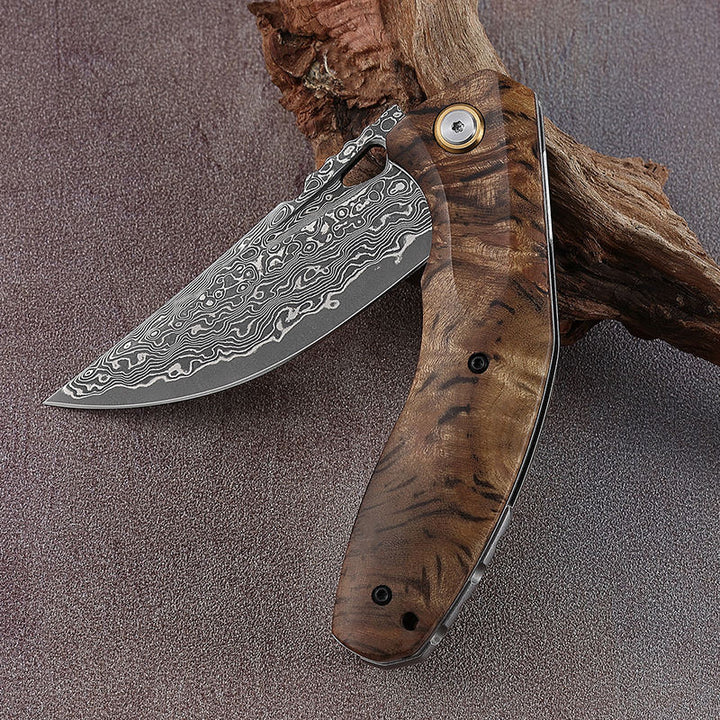 Damascus Knife - Tomahawk Damascus Pocket Knife with Clip and Exotic Olive Wood Burl Handle - Shokunin USA