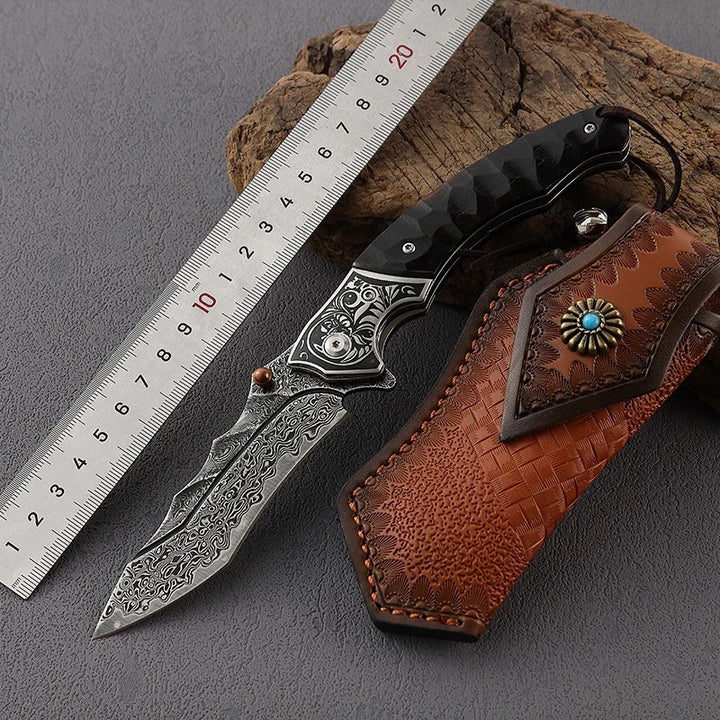 Utility Knife - Valiant Japanese VG10 Damascus Steel Tanto Pocket Knife with Obsidian Micarta Handle - Shokunin USA