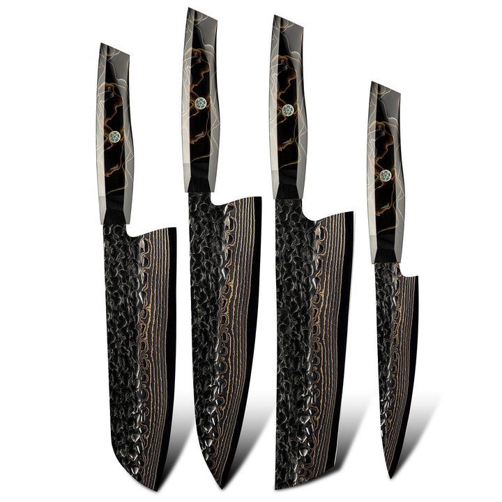 Chef Knife Set - Starfall Japanese Chef Knife Set with Exotic Copper Damascus and Raffir Noble Handle - Shokunin USA