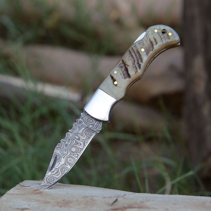 Ram Damascus Pocket Knife with Exotic Ram Horn Handle &amp; Leather Sheath