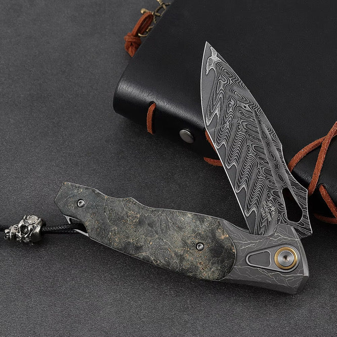 Utility Knife - Feoh Japanese Damascus Pocket Knife VG10 with Stained Maple Burl Handle - Shokunin USA