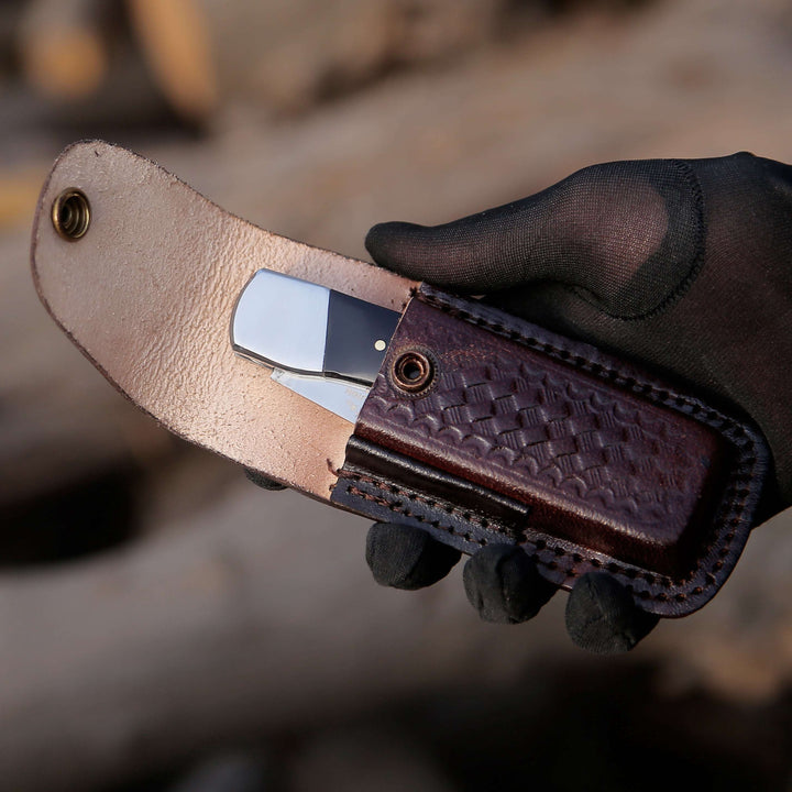 Pocket Knife with Exotic Bull Horn Handle &amp; Sheath Personalized