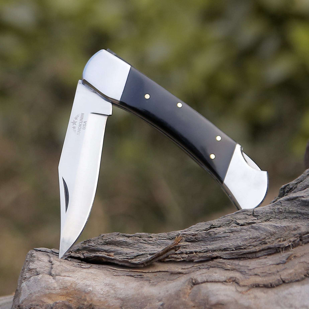 Pocket knife - Pocket Knife with Exotic Bull Horn Handle &amp; Sheath Personalized - Shokunin USA