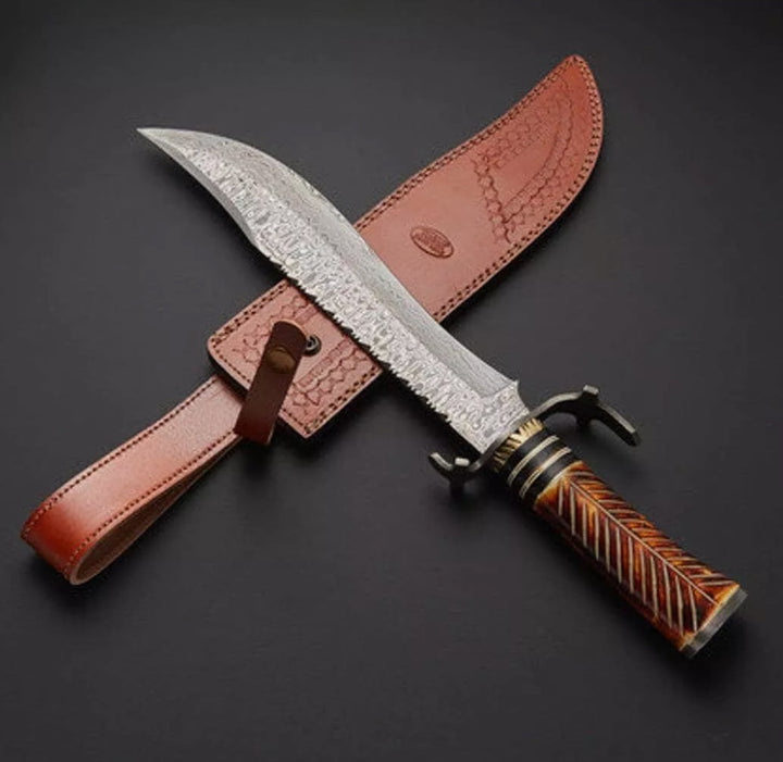 Bowie Knife - Rubble Damascus Steel Bowie Knife with Bone Handle & Sheath - Shokunin USA