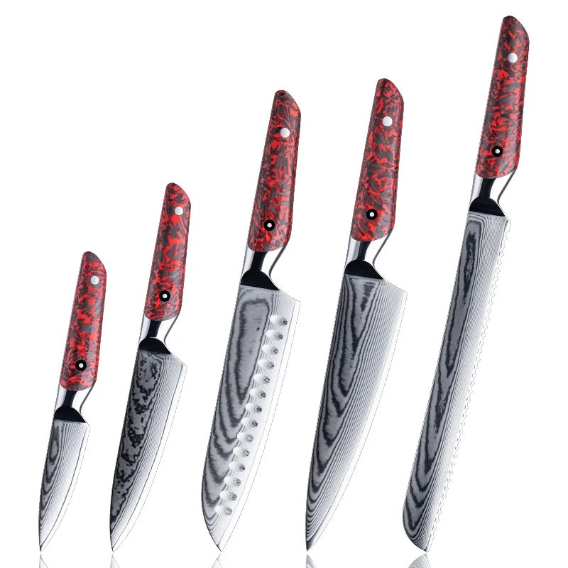 Chef Knife Set - Jade Japanese Chef's Knife Set with Vg-10 Damascus Steel & Red Carbon Fiber Handle - Shokunin USA