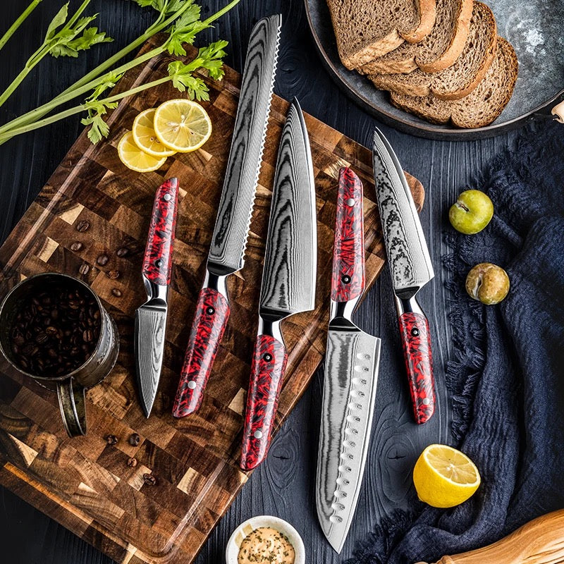 Chef Knife Set - Jade Japanese Chef's Knife Set with Vg-10 Damascus Steel & Red Carbon Fiber Handle - Shokunin USA