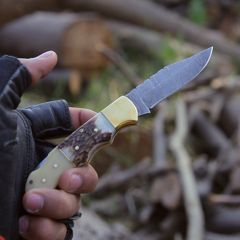 Pocket Knife - Antler Edge Damascus Pocket Knife with Staghorn & Bone Handle - Shokunin USA