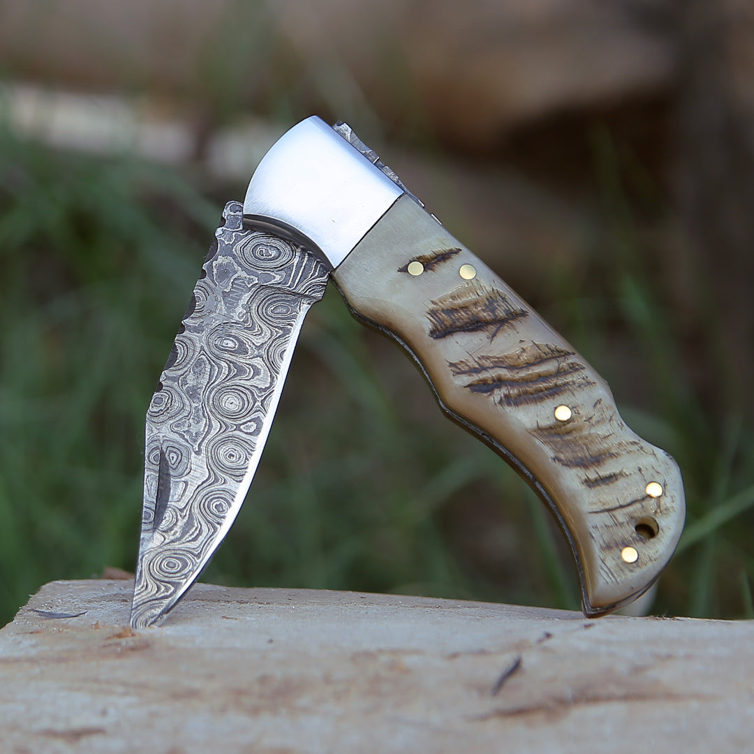 Damascus Knife - Ram Damascus Pocket Knife with Exotic Ram Horn Handle & Leather Sheath - Shokunin USA