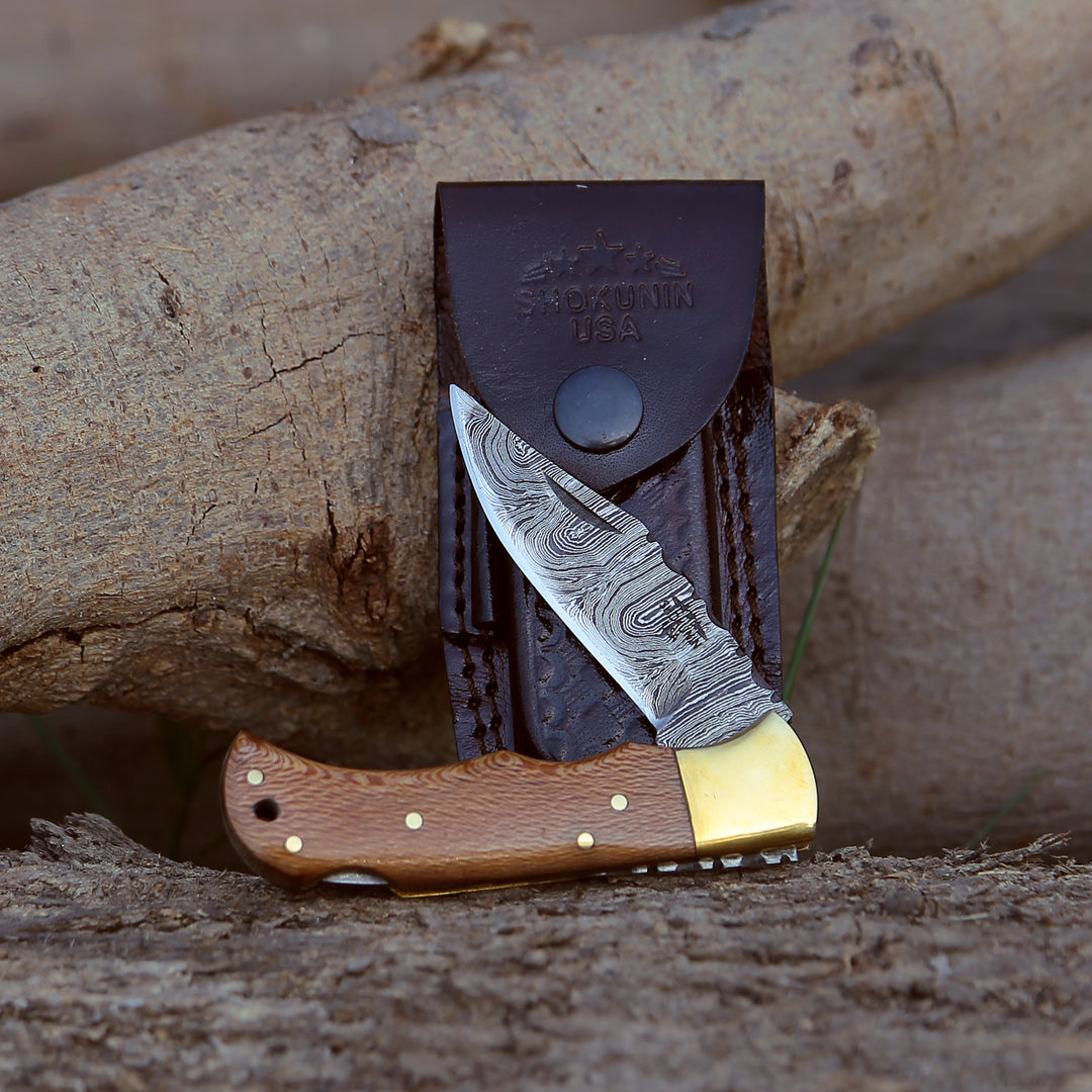 Pocket Knife - Kepler Damascus Pocket Knife with Exotic Leopard Wood Handle - Shokunin USA