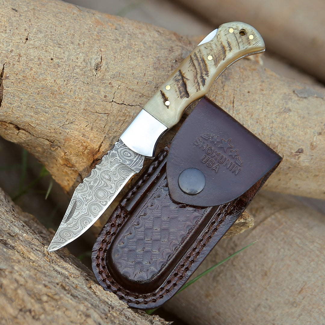 Damascus Knife - Ram Damascus Pocket Knife with Exotic Ram Horn Handle & Leather Sheath - Shokunin USA