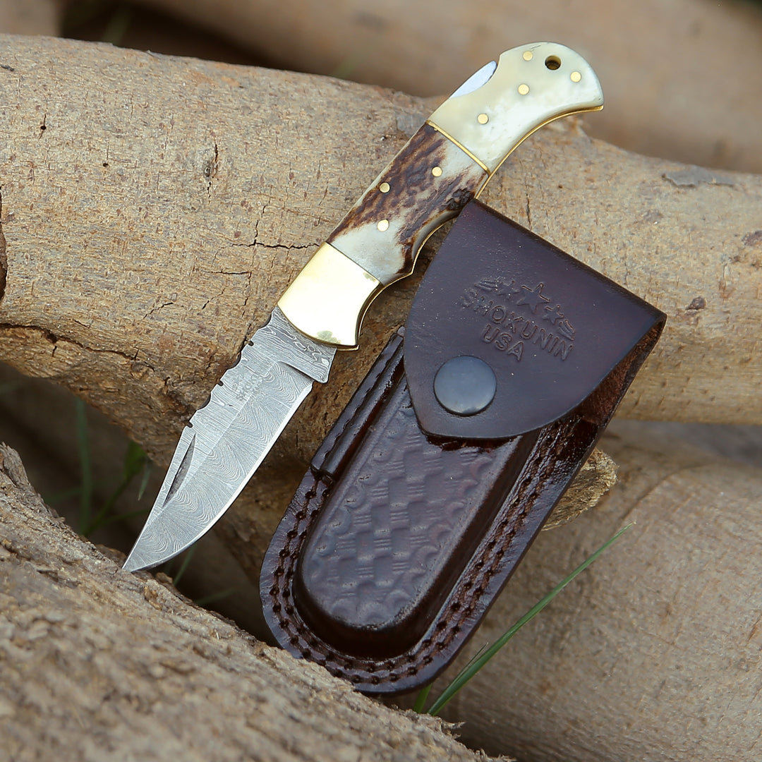 Pocket Knife - Antler Edge Damascus Pocket Knife with Staghorn & Bone Handle - Shokunin USA